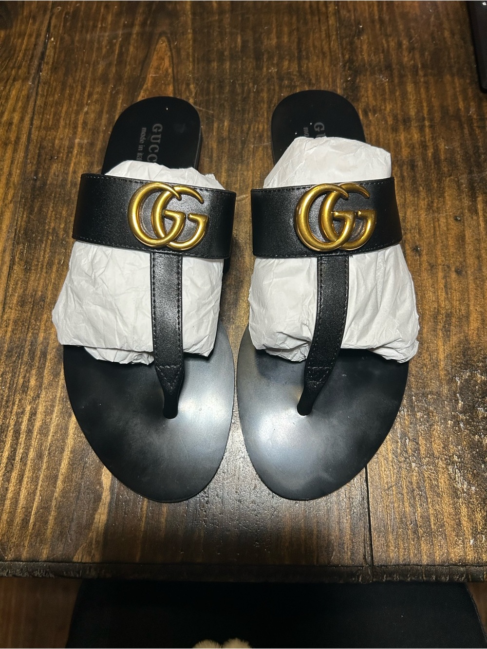 Gucci Black Leather Thong Sandals with Gold GG Emblem